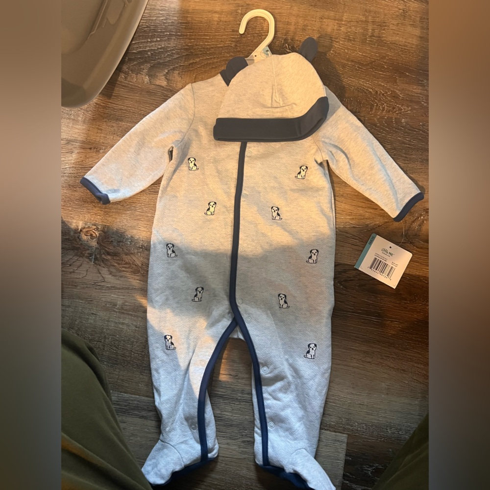 Little Me Light Blue and Navy One Piece with Hat